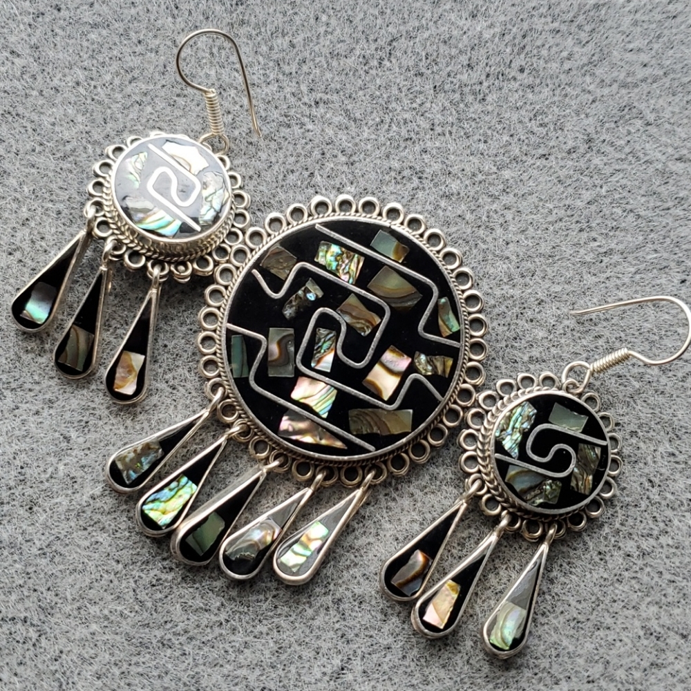 Taxco Mexico Onyx & Abalone Pin/Pendant & Earrings - Picture 5 of 11